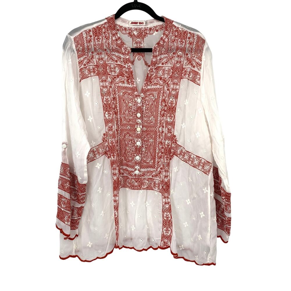 Johnny Was Popover Blouse Womens Sz XL White Long Sleeve Red Folk Art Embroidery